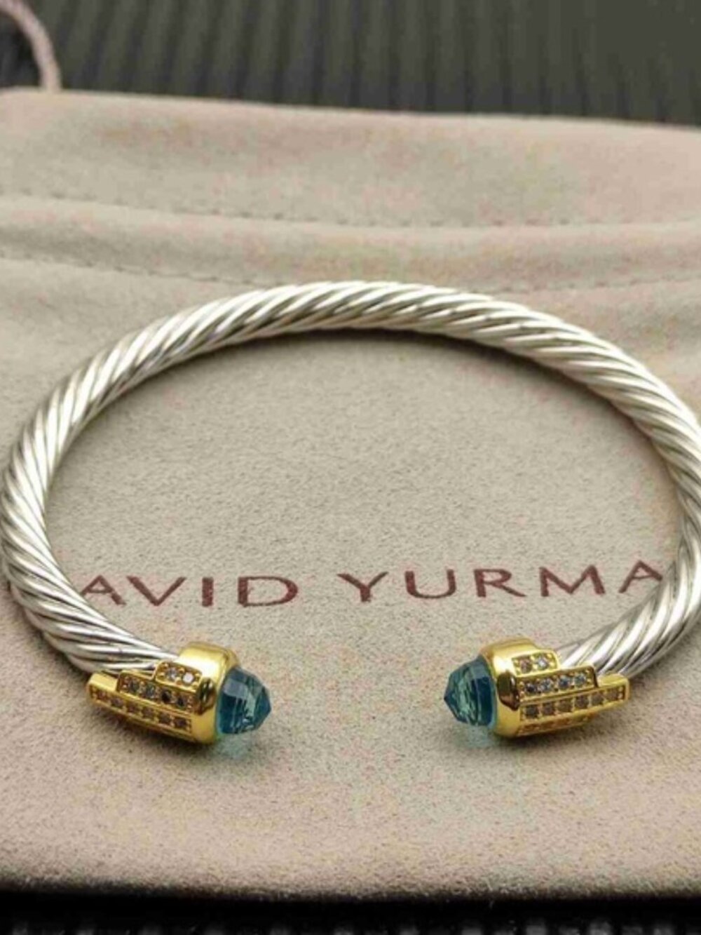 David Yurman 5mm Silver Cable Cuff Bracelet with Blue Topaz & Diamonds